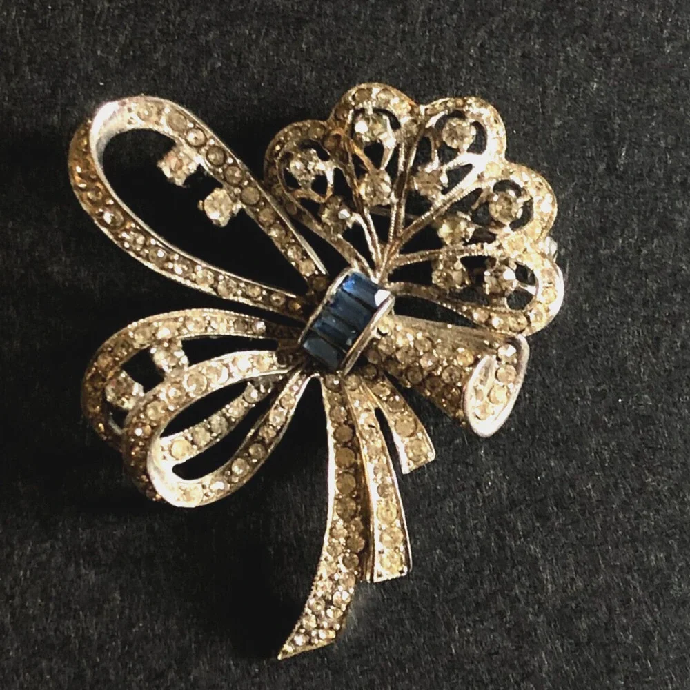 Sterling Silver Bow Brooch Sonia Lee 1940s Art Deco Rhinestone White Blue Vtg